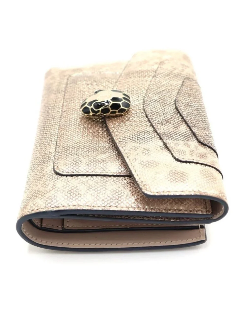 Bvlgari Serpenti Calungskin Metallic Bifold Wallet Compact Beige